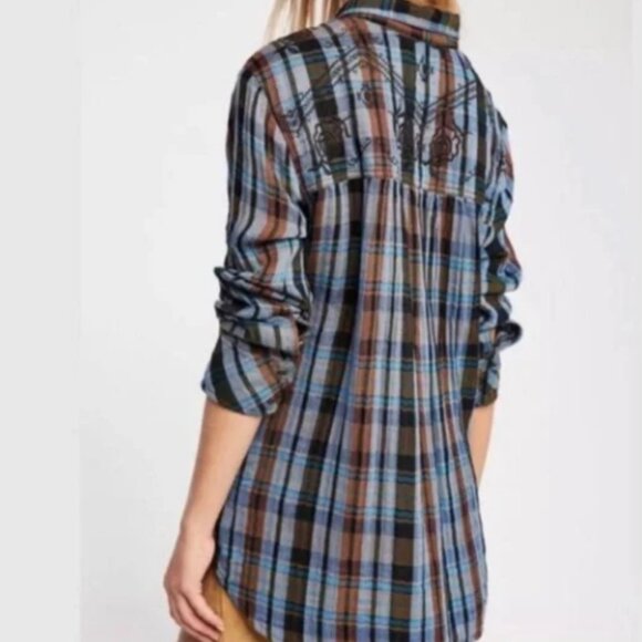 Free People Magical Plaid Embroidered Button Down Plaid Shirt - Blue and Brown - Picture 7 of 8